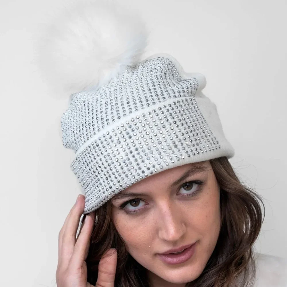 NWT Adrienne Landau White Beanie Hat/Beanie Silver Crystals Faux Fur Pom Pom OS